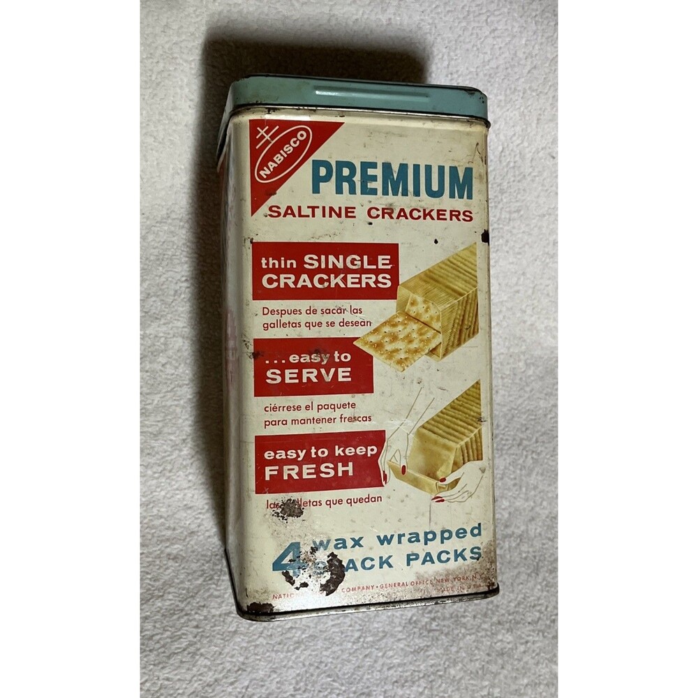 Vintage Nabisco Premium Saltine Cracker Metal Tin Canister 14 oz 4.5 x 4.5"x 9"